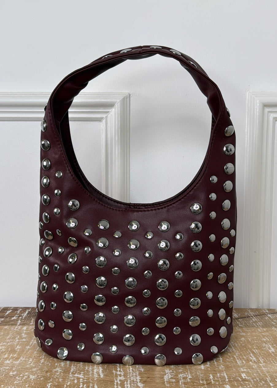 Leonie Dark Red Studded Shoulder Bag