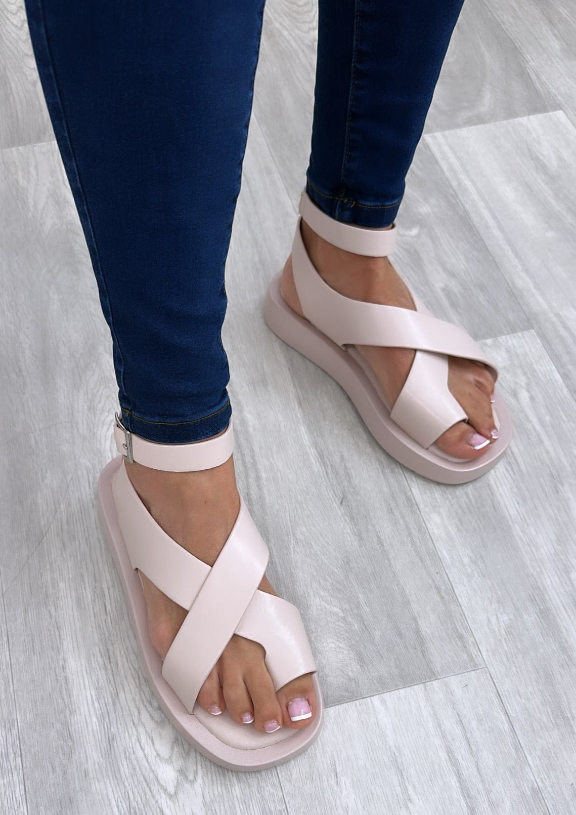 Sigourney Beige Chunky Toe Loop Sandals