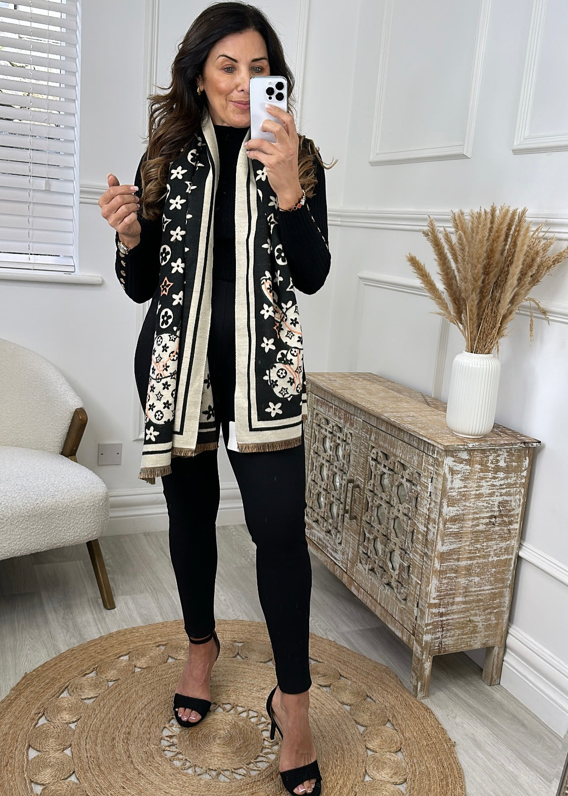 Veronica Beige And Black Pattern Scarf