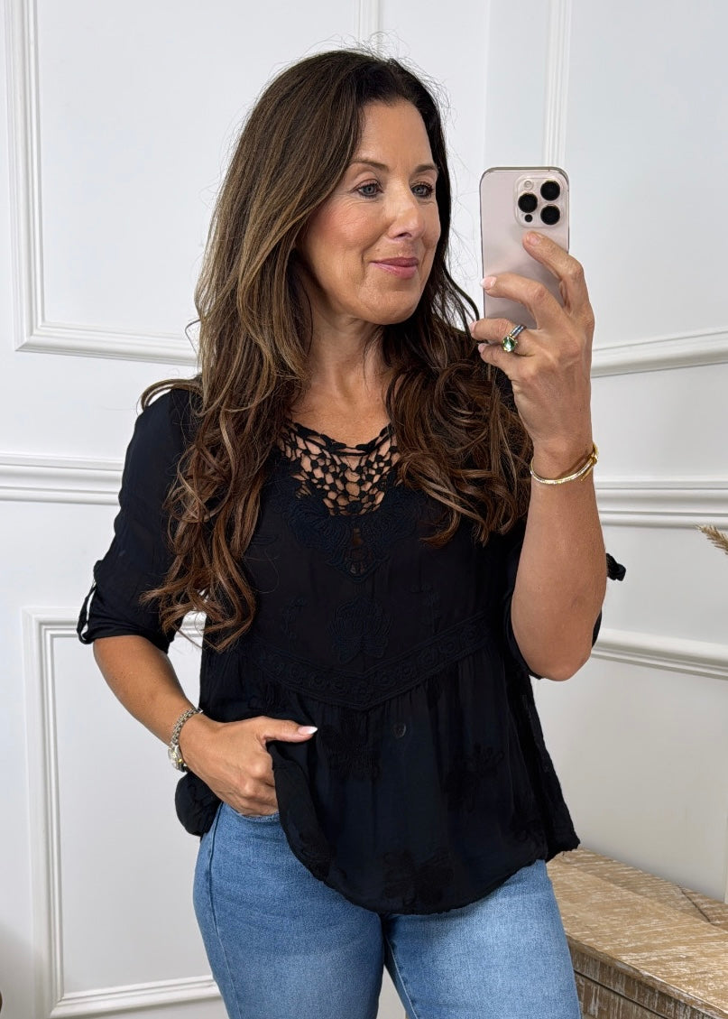 Rosalee Black Broderie Top