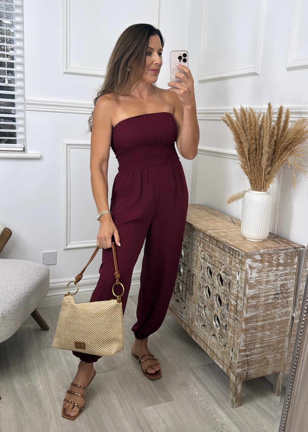 Darragh Wine Bandeaux Jumpsuit with Cuff Leg