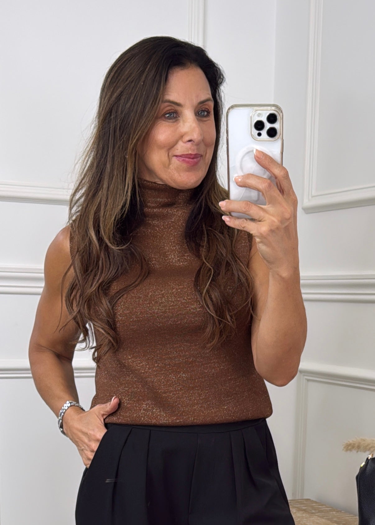 Carina Brown High Neck Sleeveless Top