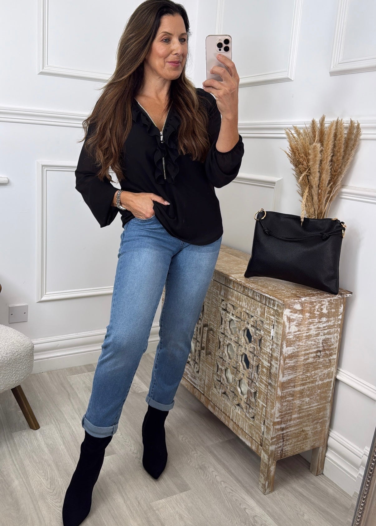 Lenora Black Ruffle and Zip Neck Top