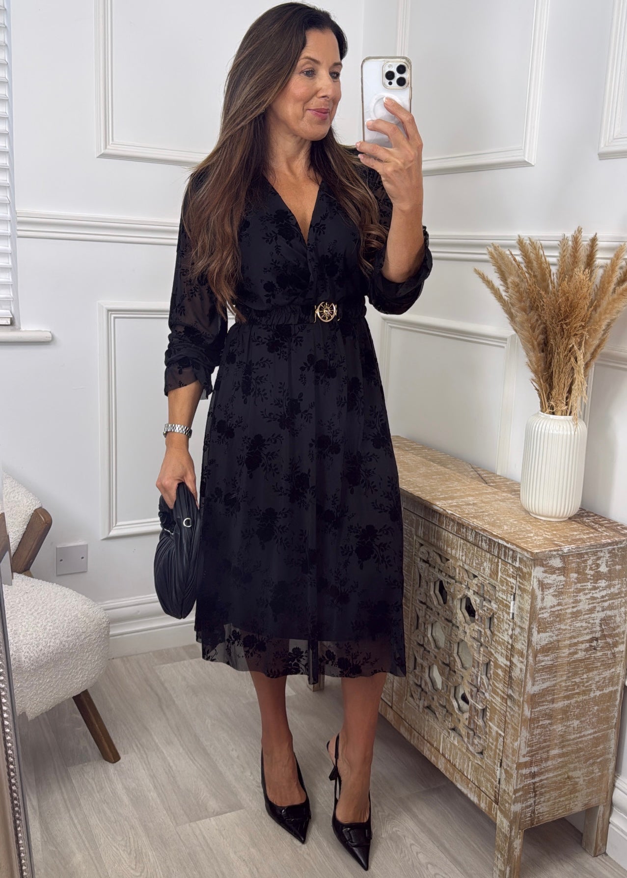 Sofia Black Floral Belted Dress