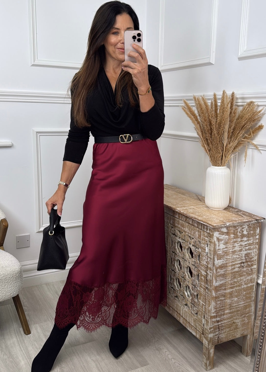 Linsey Wine Lace Trim Satin Skirt