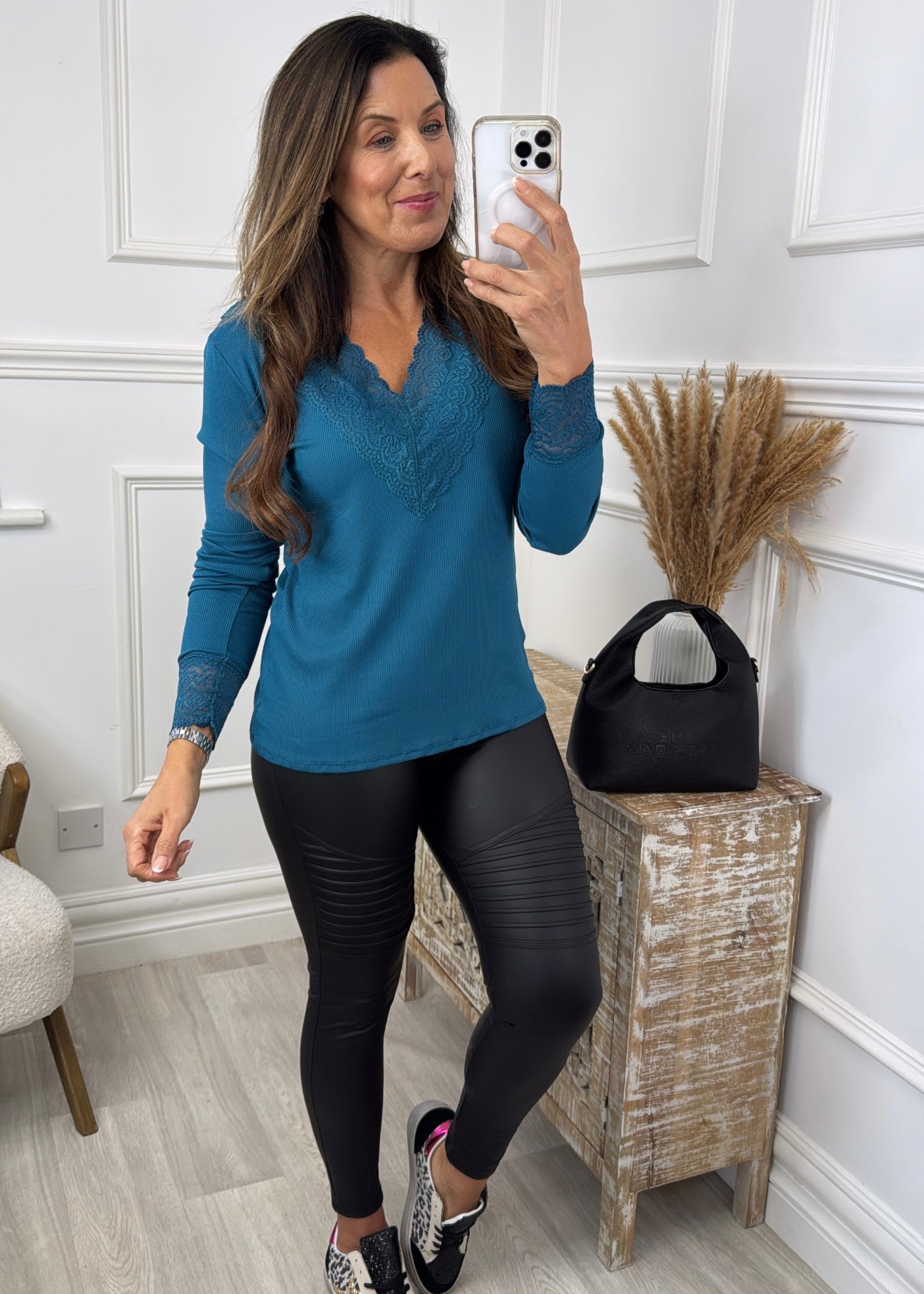 Flora Teal Lace Neck Top