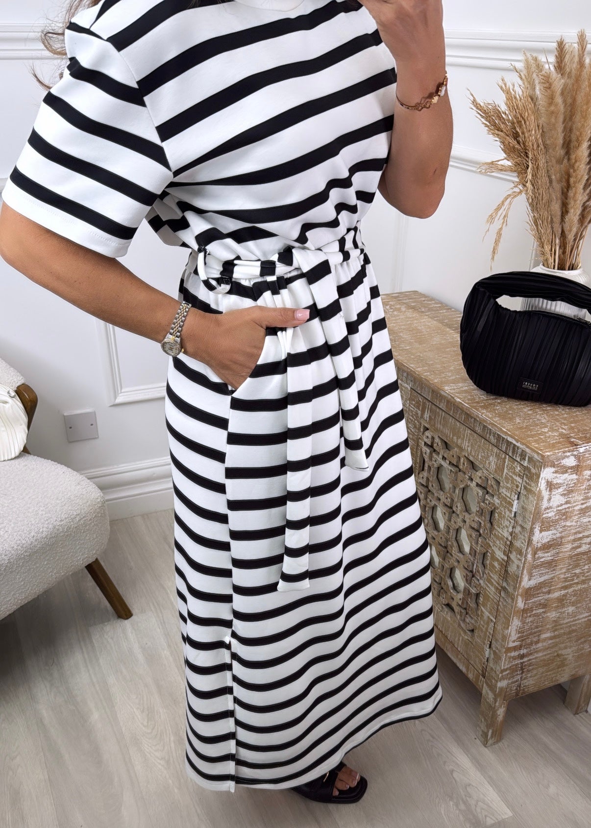 Joanne Off White and Black Striped Dress