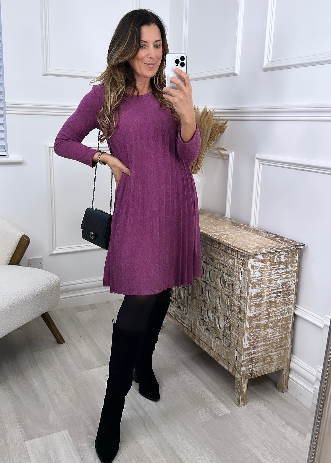 Dallas Purple Pleated Knit Dress