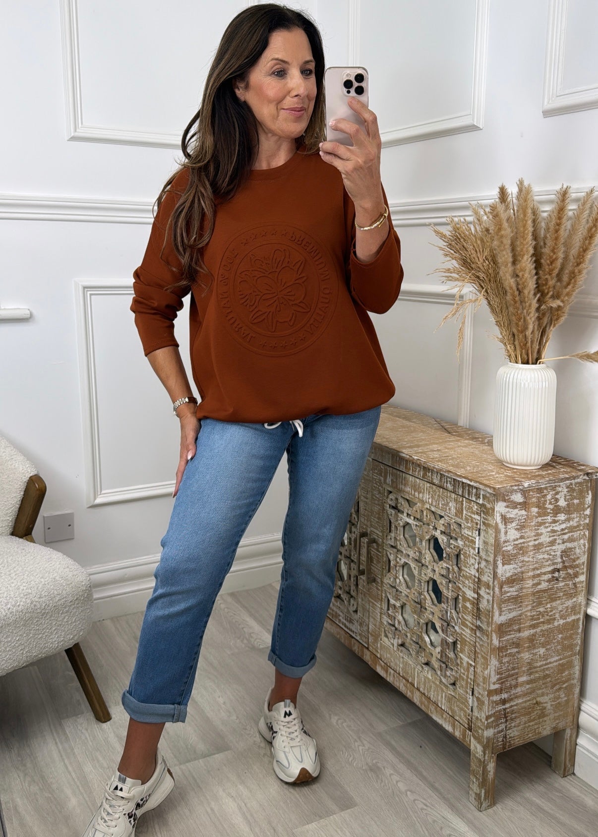 Reina Tobacco Embossed Sweat Shirt