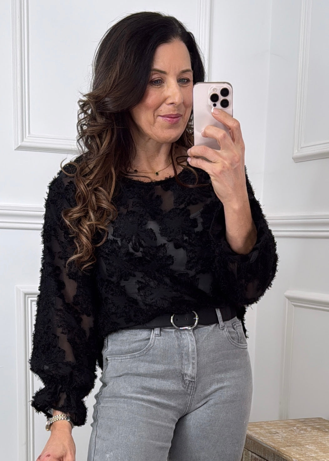 Stef Black Floral Eyelash Texture Top