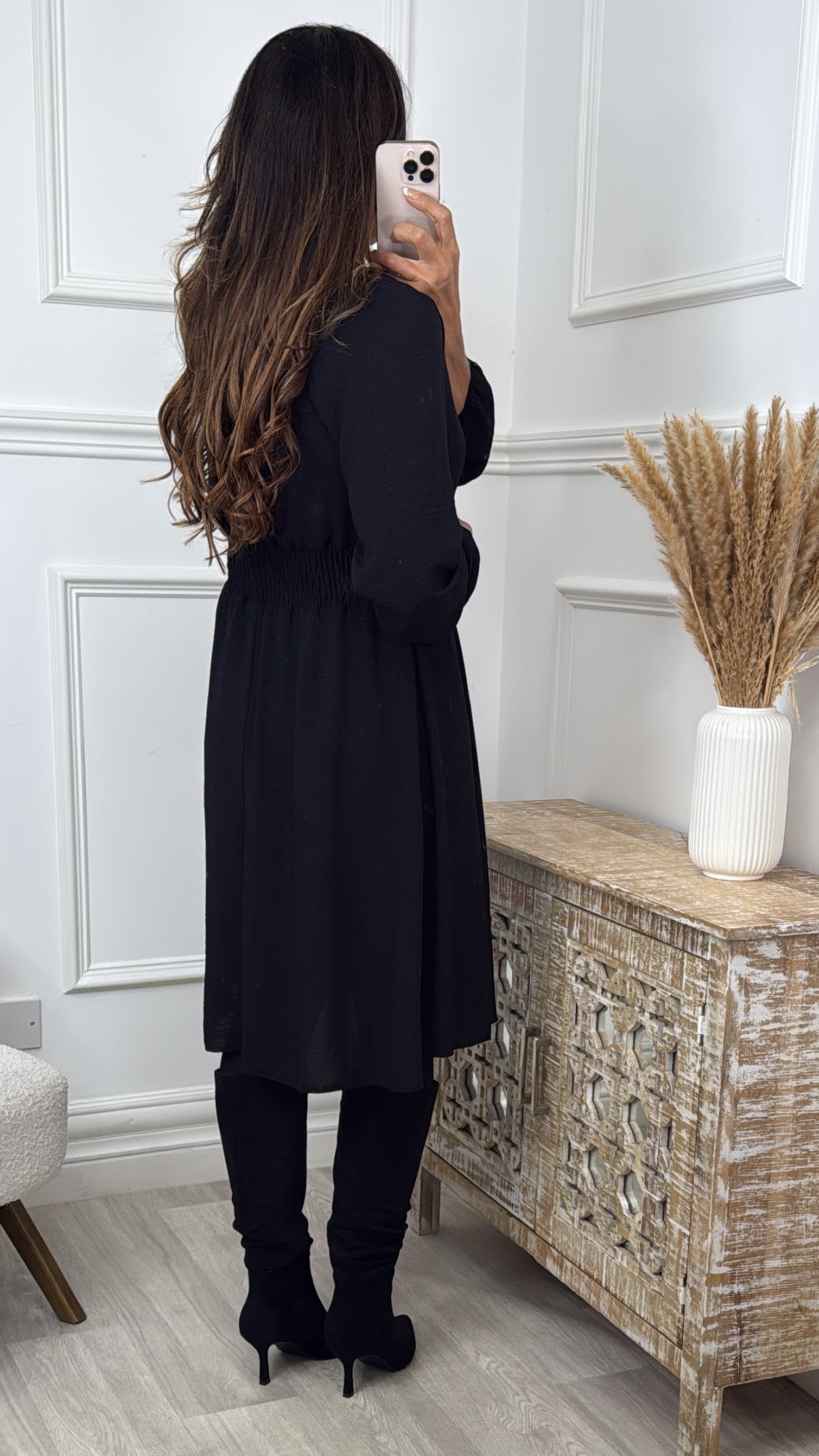 Melinda Black Shirred Waist Dress