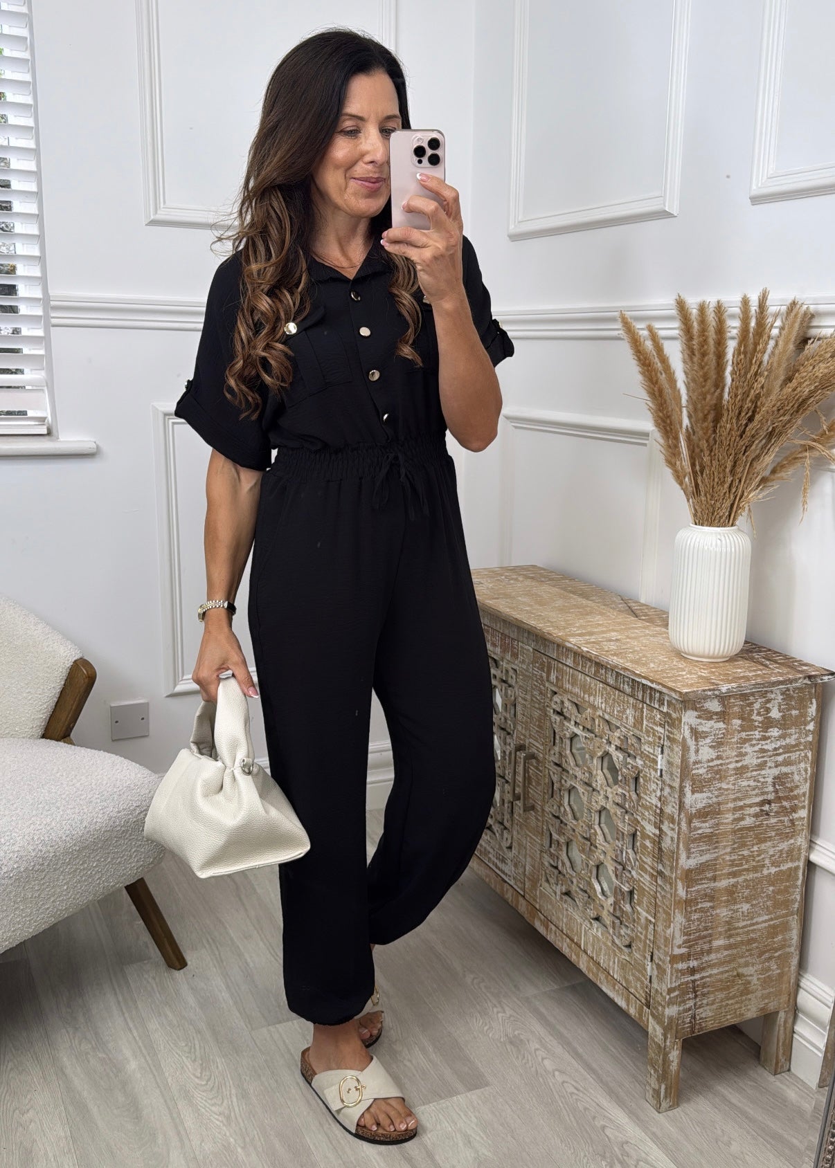 Sibyl Black Shirred Waist Jumpsuit
