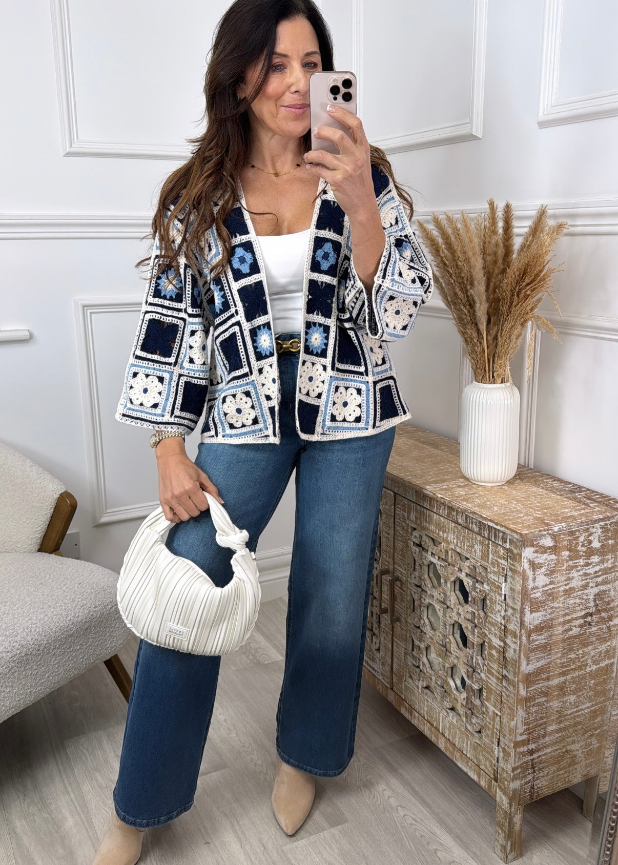 Vera Navy Flower Crochet Knit Cardigan
