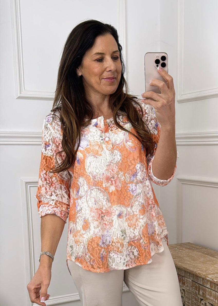 Monica Orange Floral Lace Blouse