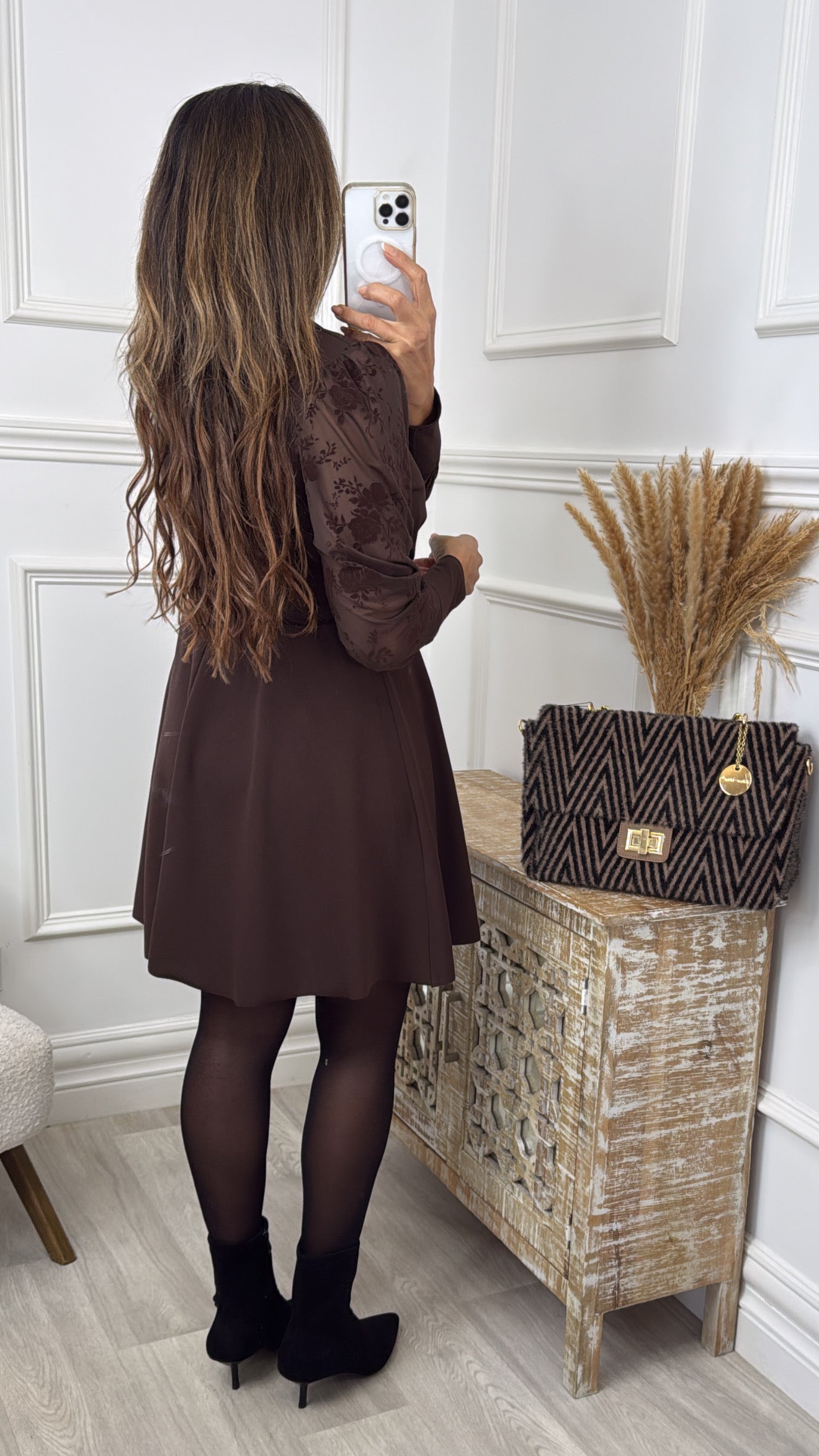 Cassie Brown V Neck A Line Dress