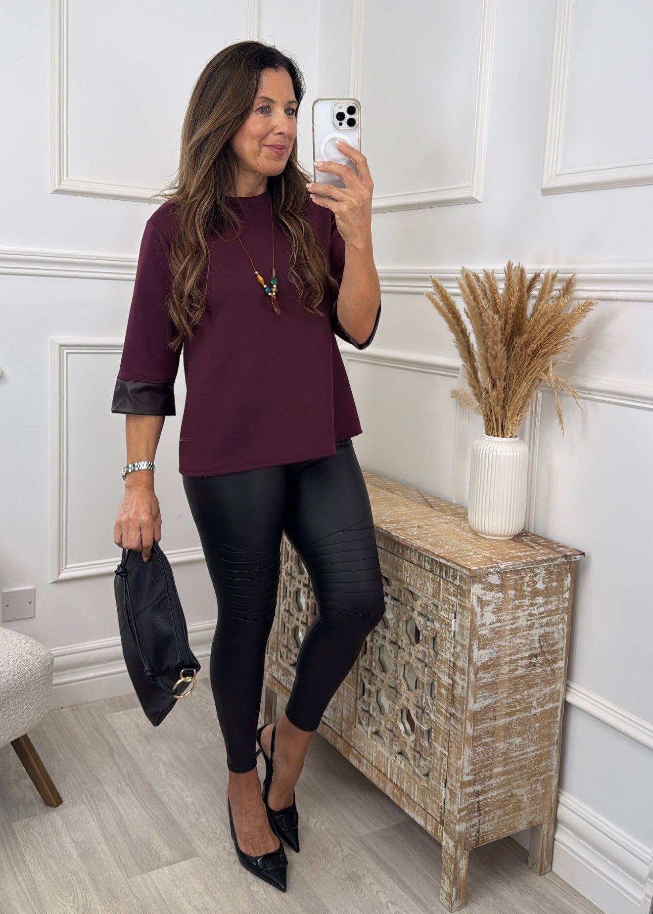 Lillian Wine Pleather Cuff Top with Necklace