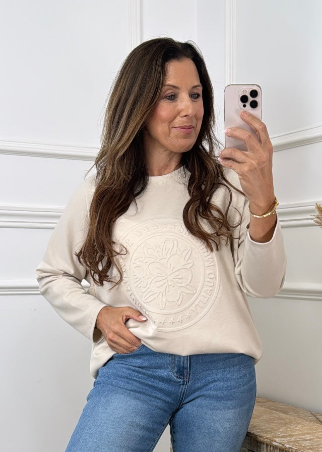 Reina Beige Embossed Sweat Shirt