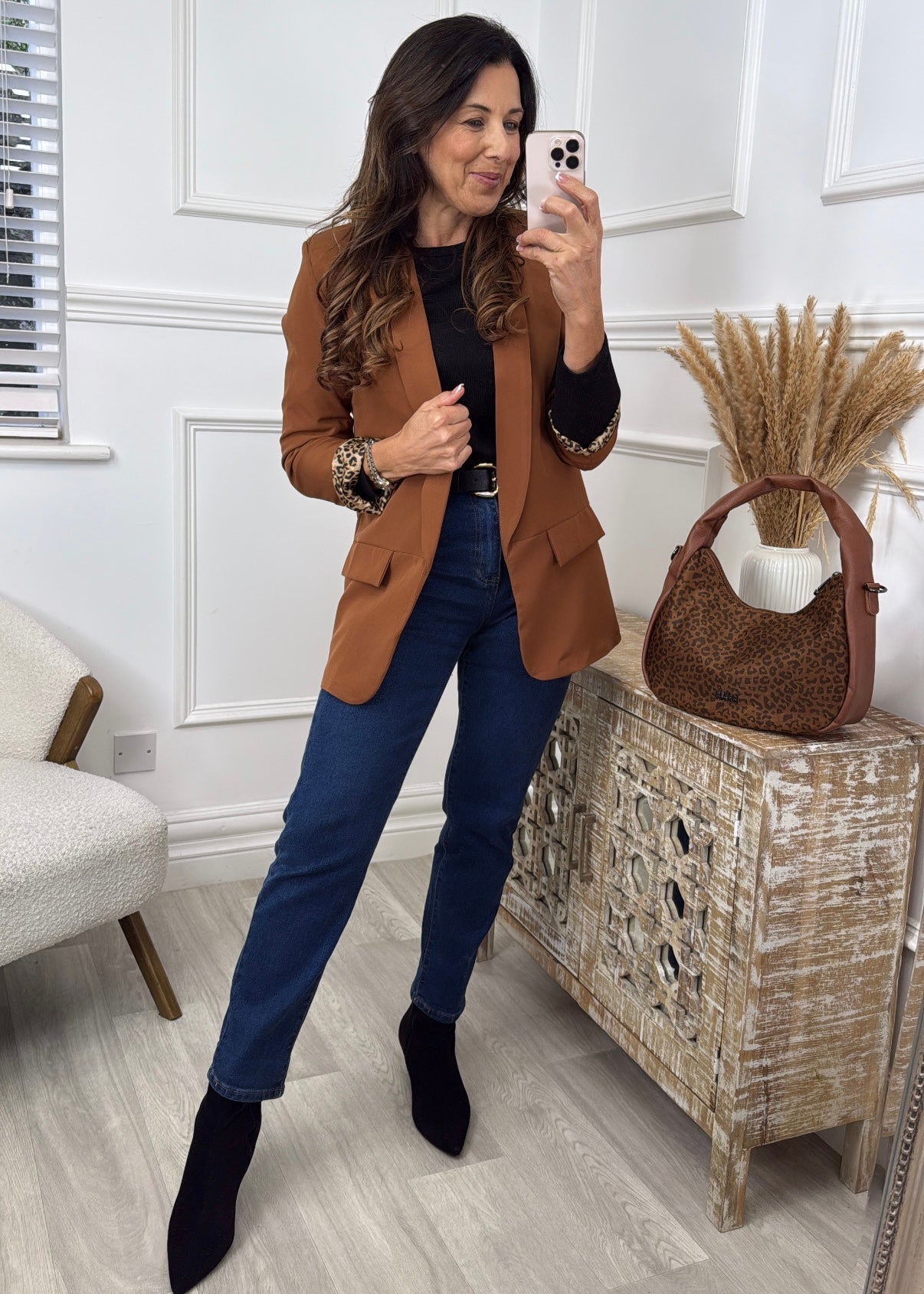 Roberta Dark Camel Leopard Lined Blazer