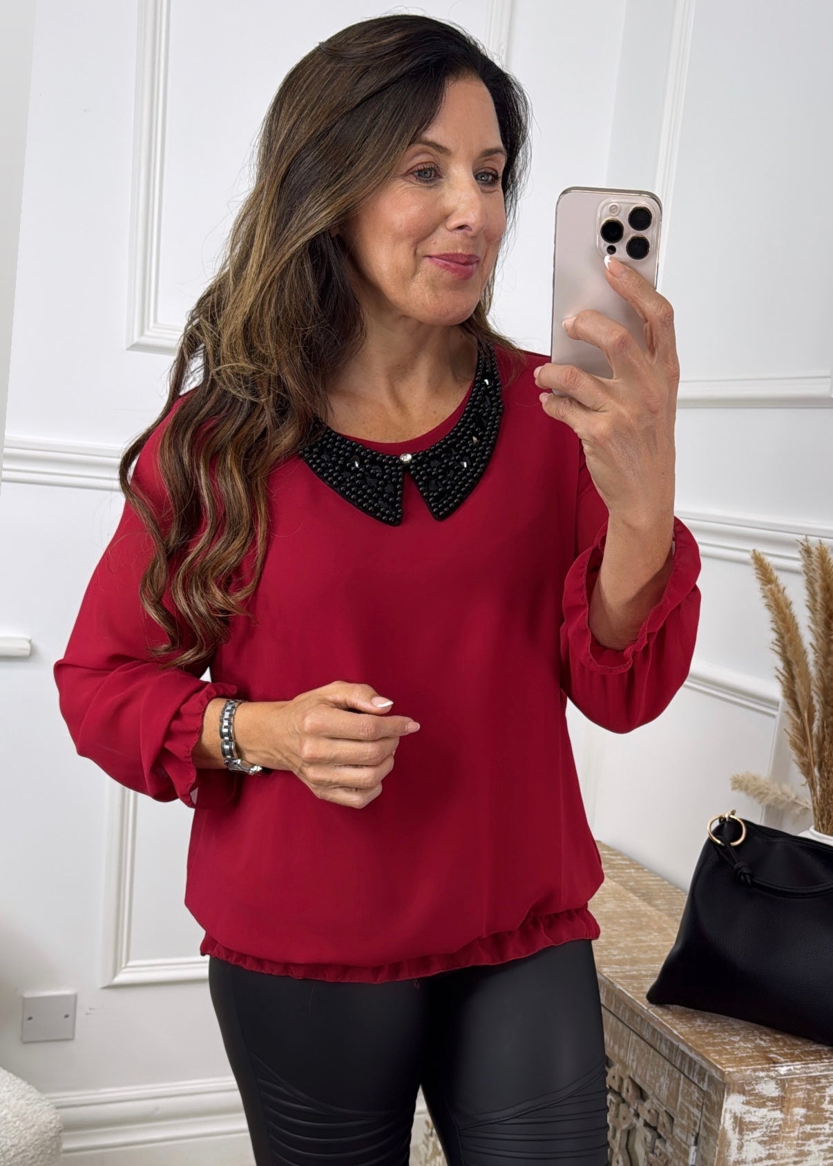 Oonagh Wine Beaded Neckline Top