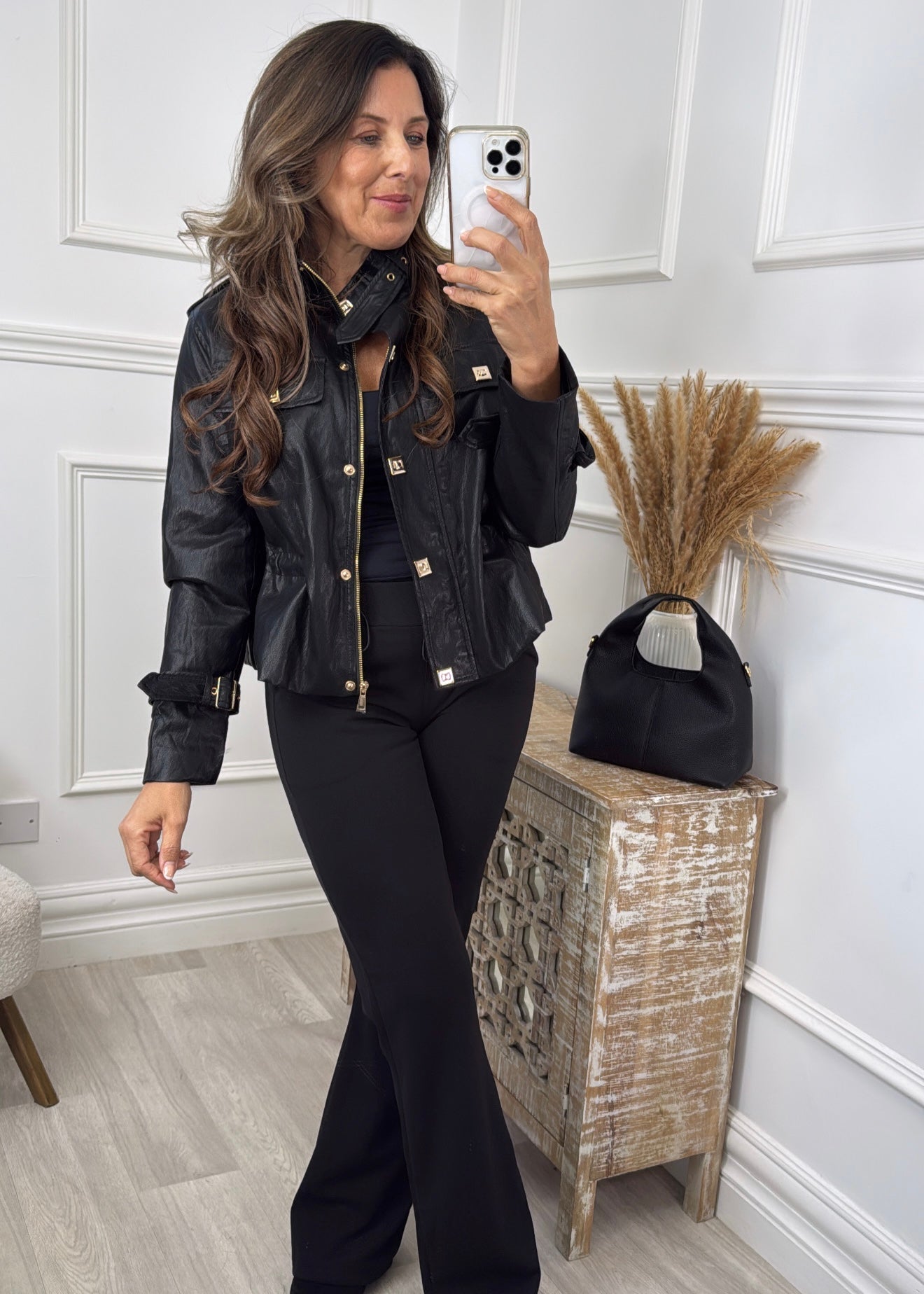 Sloane Black Pleather Jacket with Gold Buttons