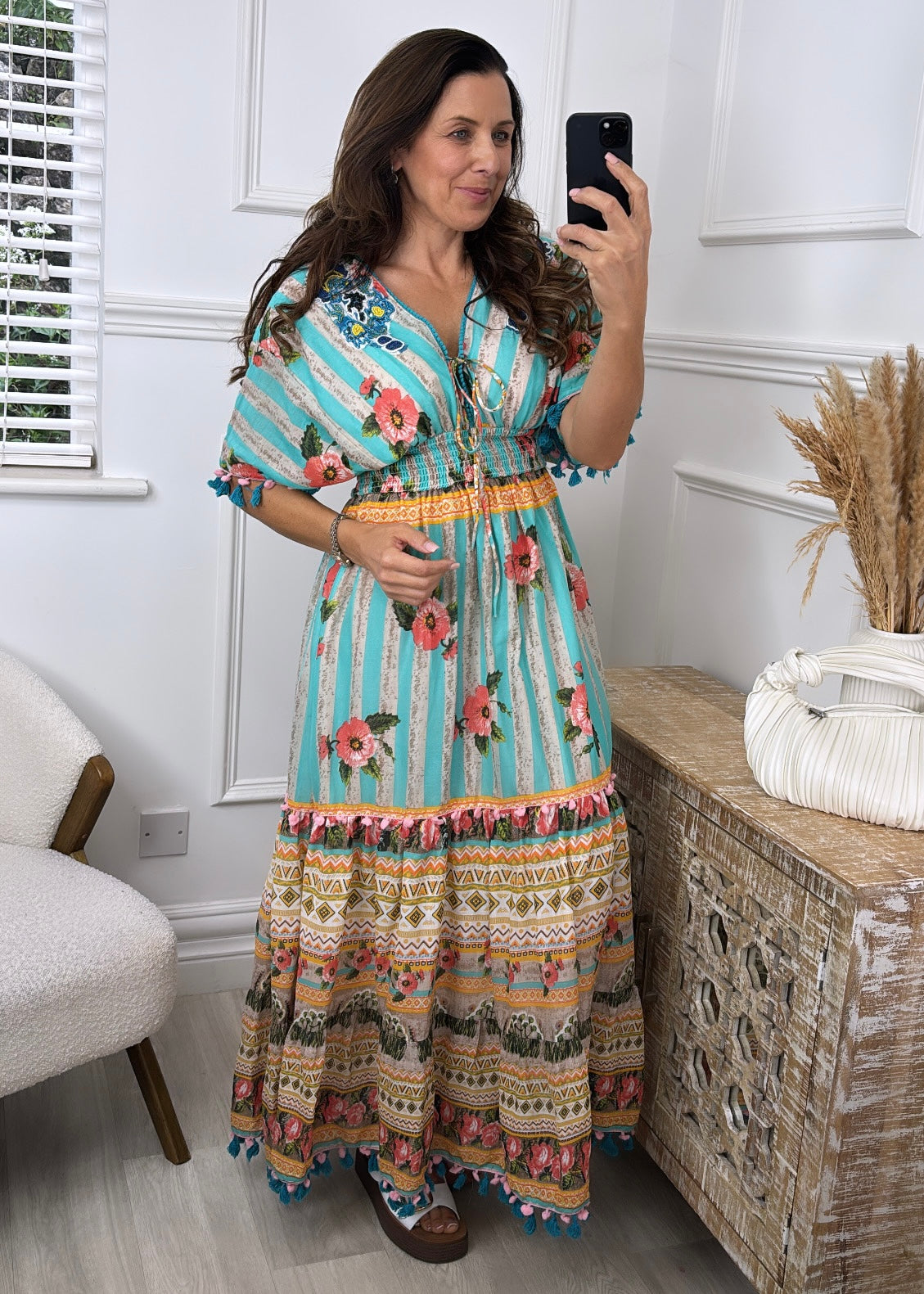 Lisa Turquoise V Neck Floral Maxi Dress