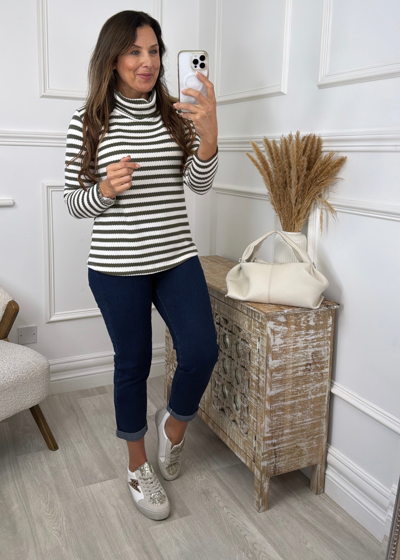 Saskia Khaki Striped Roll Neck Top