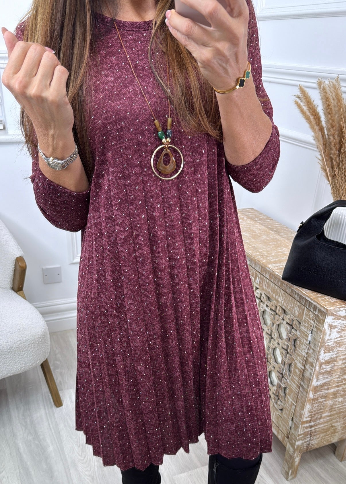 Thomasina Wine Pleated Knit Dress
