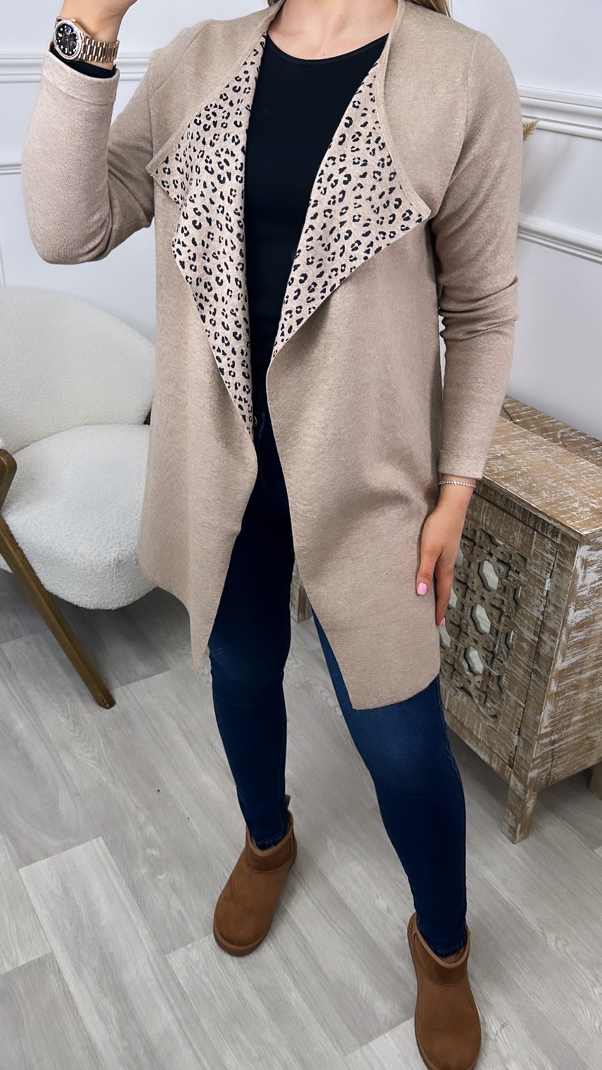 Goja Beige Leopard Lapels Cardigan