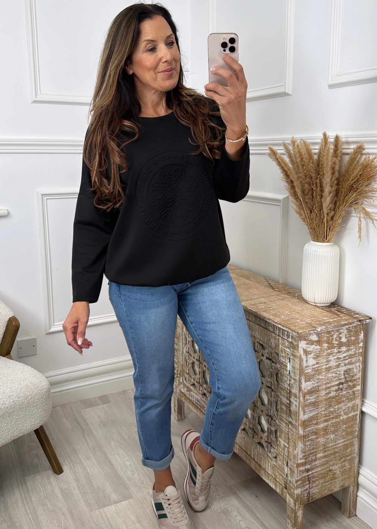Reina Black Embossed Sweat Shirt