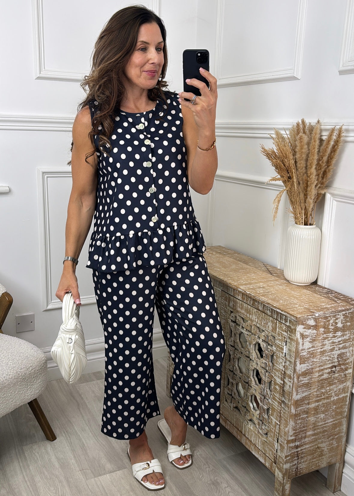 Olivia Navy Polka Frill Hem Top Set