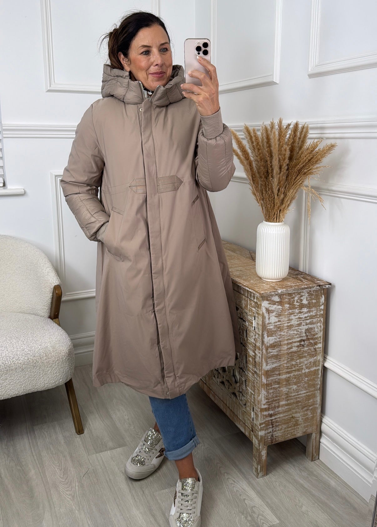 Paloma Beige Mid Length Quilted Sleeve Coat