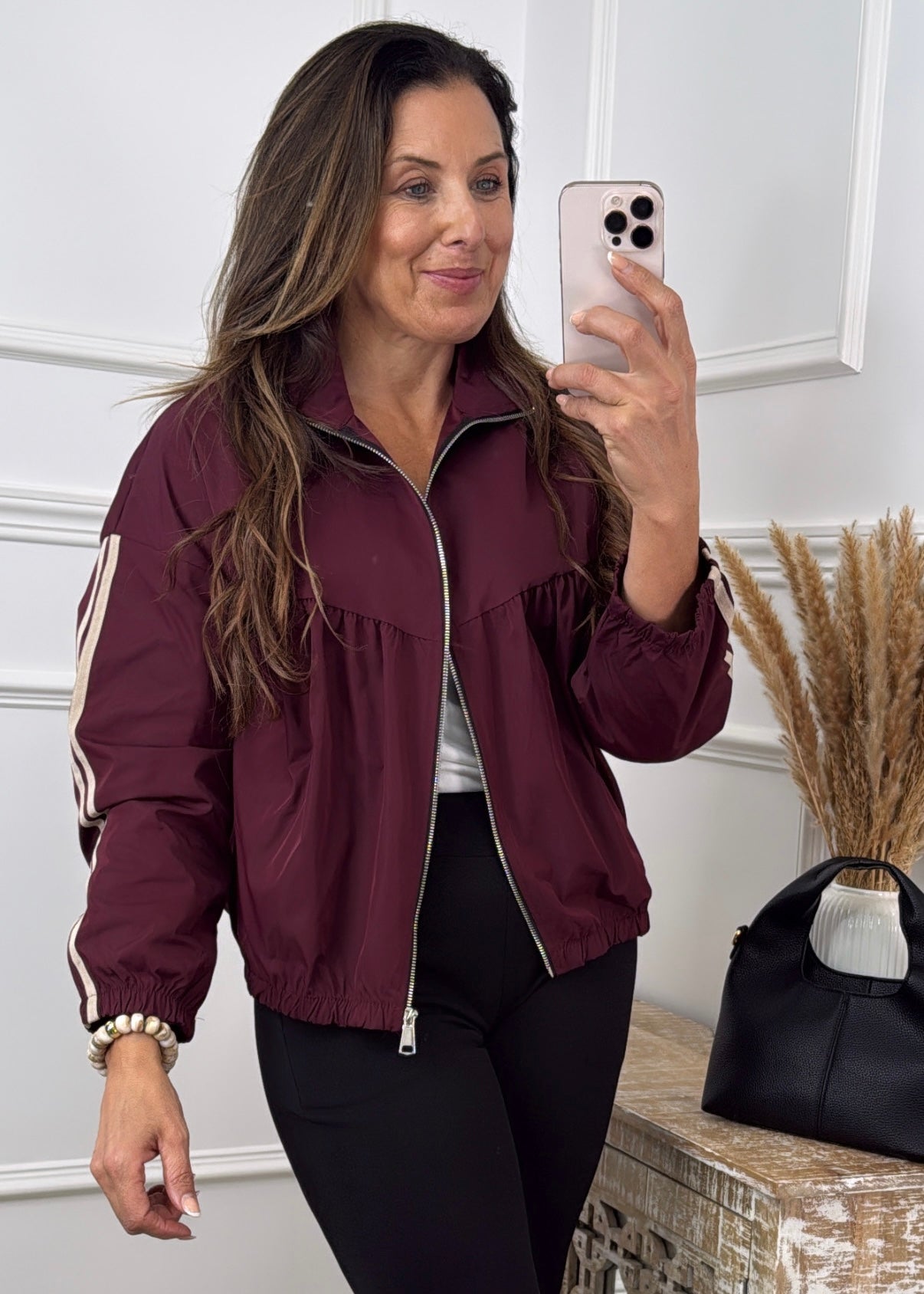 Aine Wine High Neck Striped Sleeve Jacket