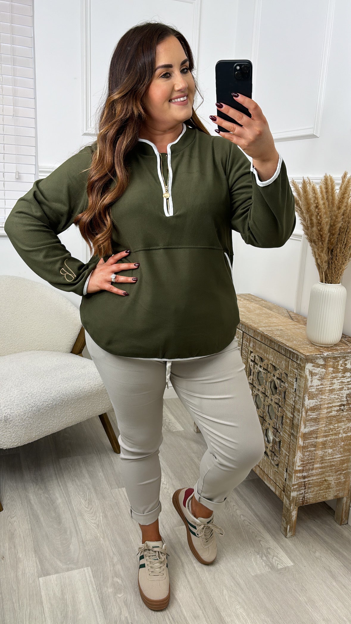 Angelina Khaki Half Zip VB Sweatshirt