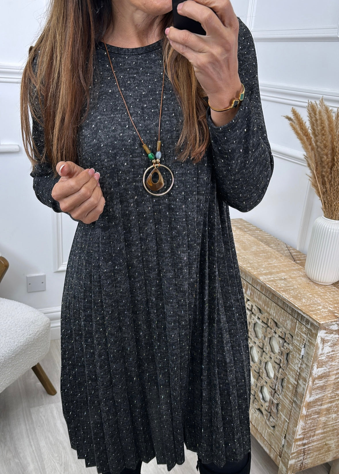 Thomasina Black Pleated Knit Dress