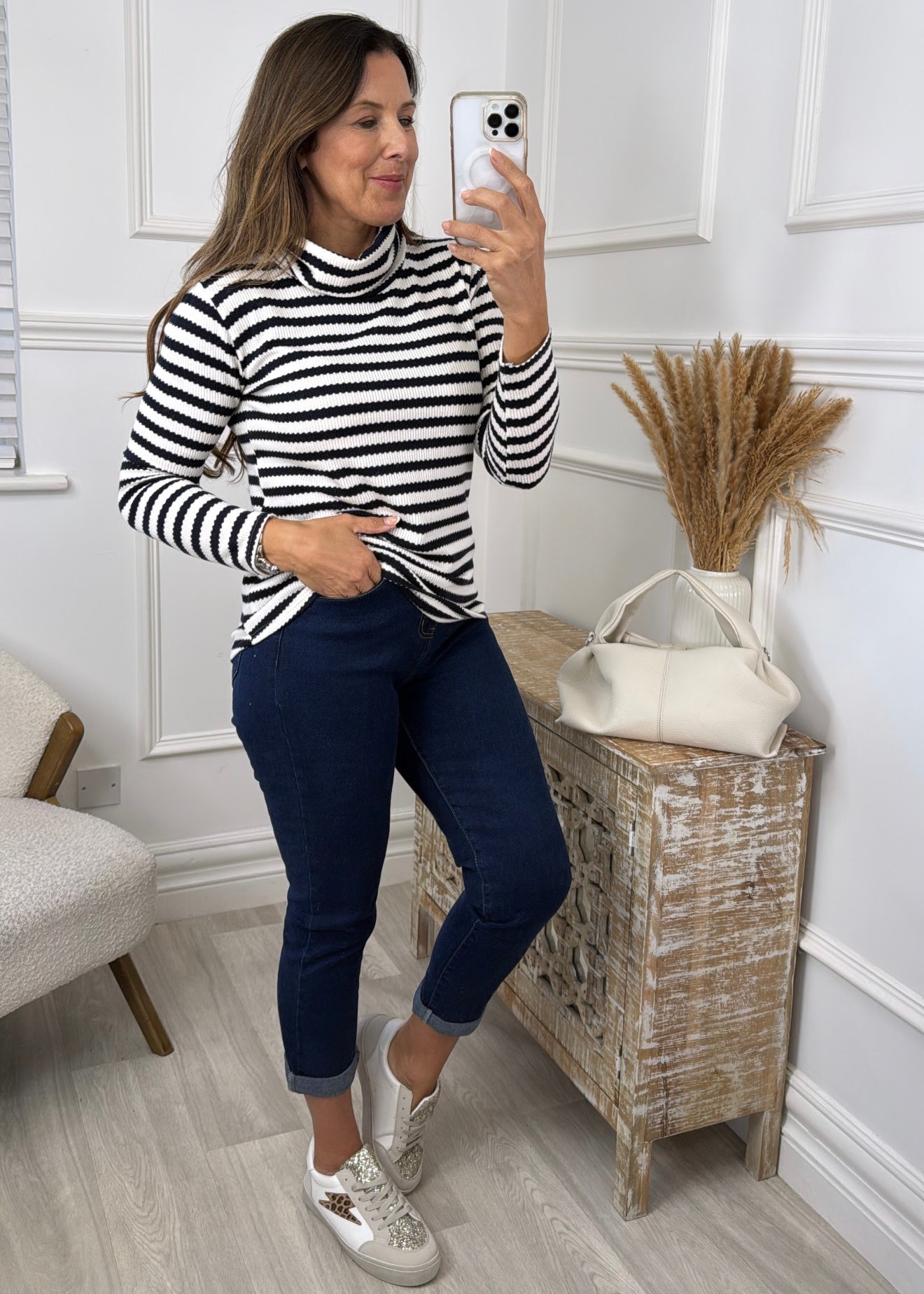 Saskia Navy Striped Roll Neck Top