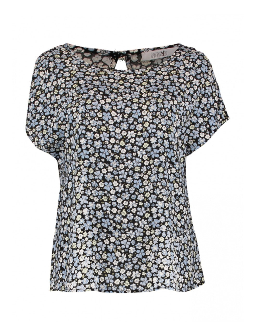 Farina Black Blue Flower Print Top