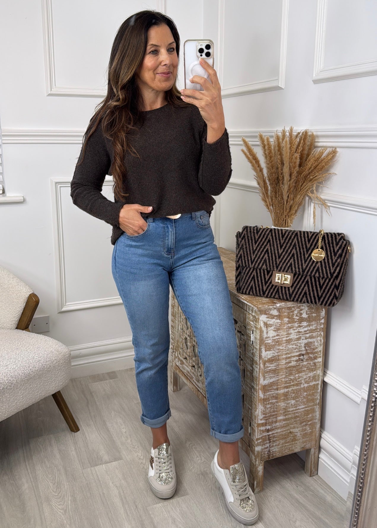Honor Brown Wide Neck Knit Jumper
