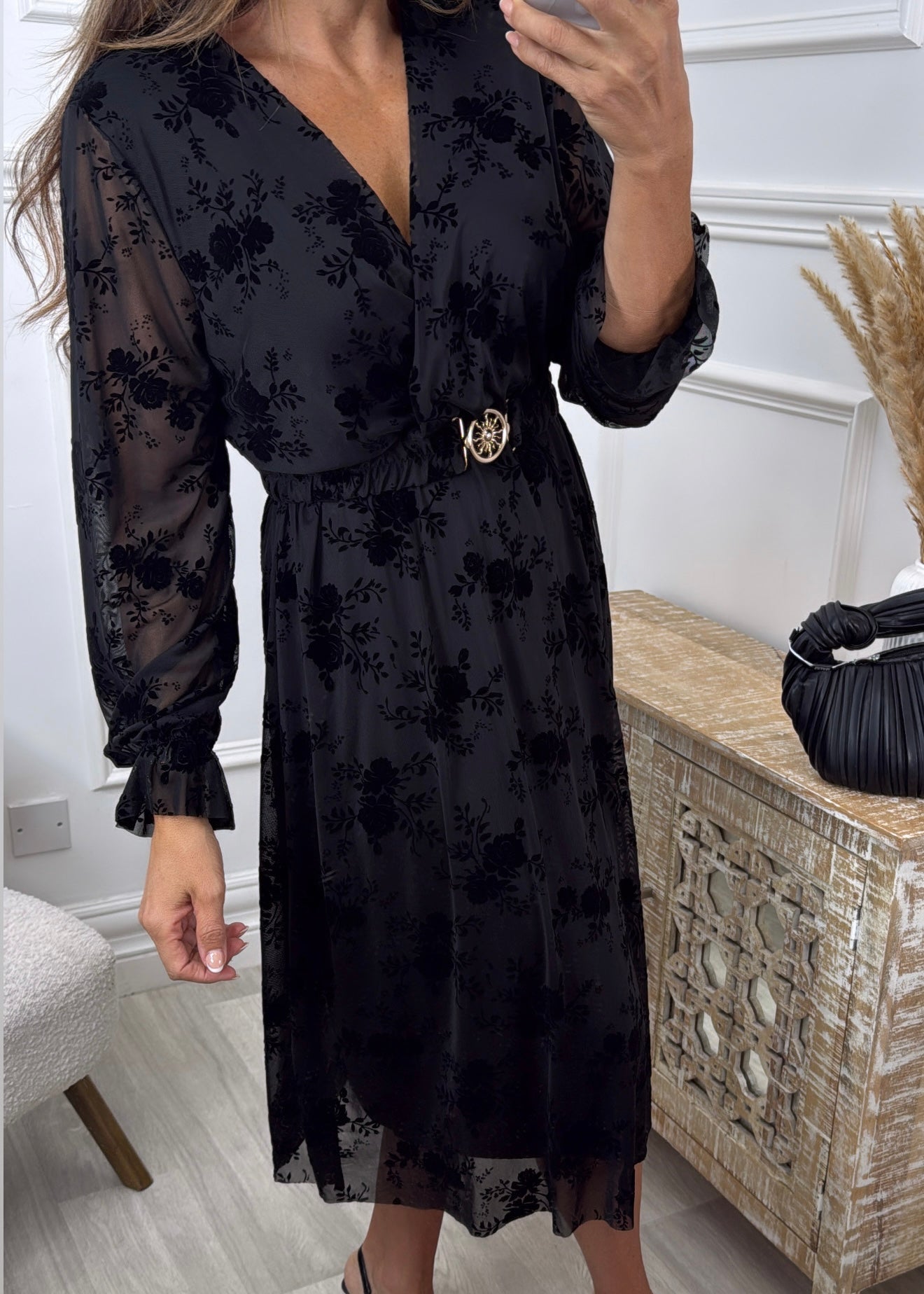 Sofia Black Floral Belted Dress
