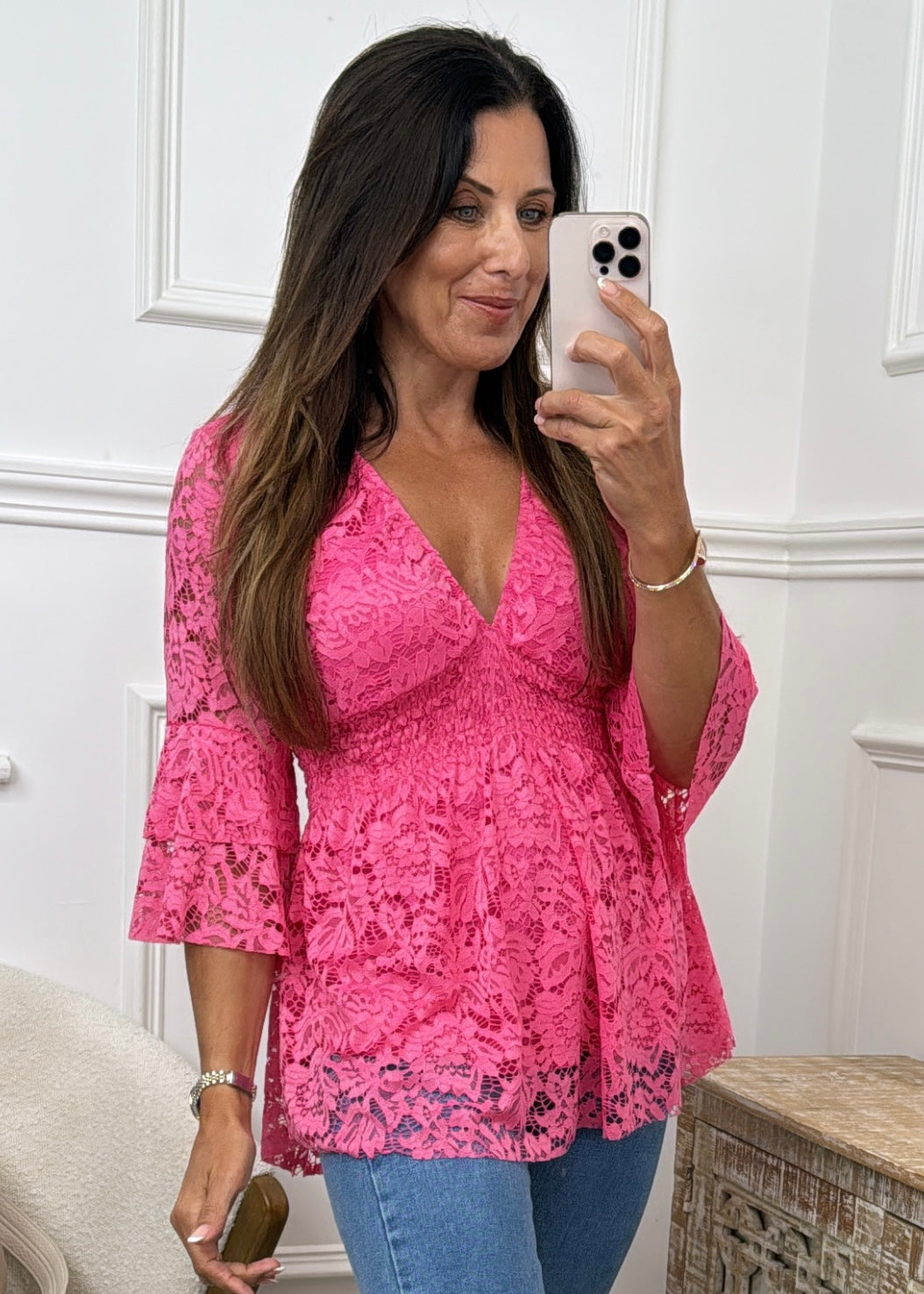 Sandra Pink V Neck Lace Top