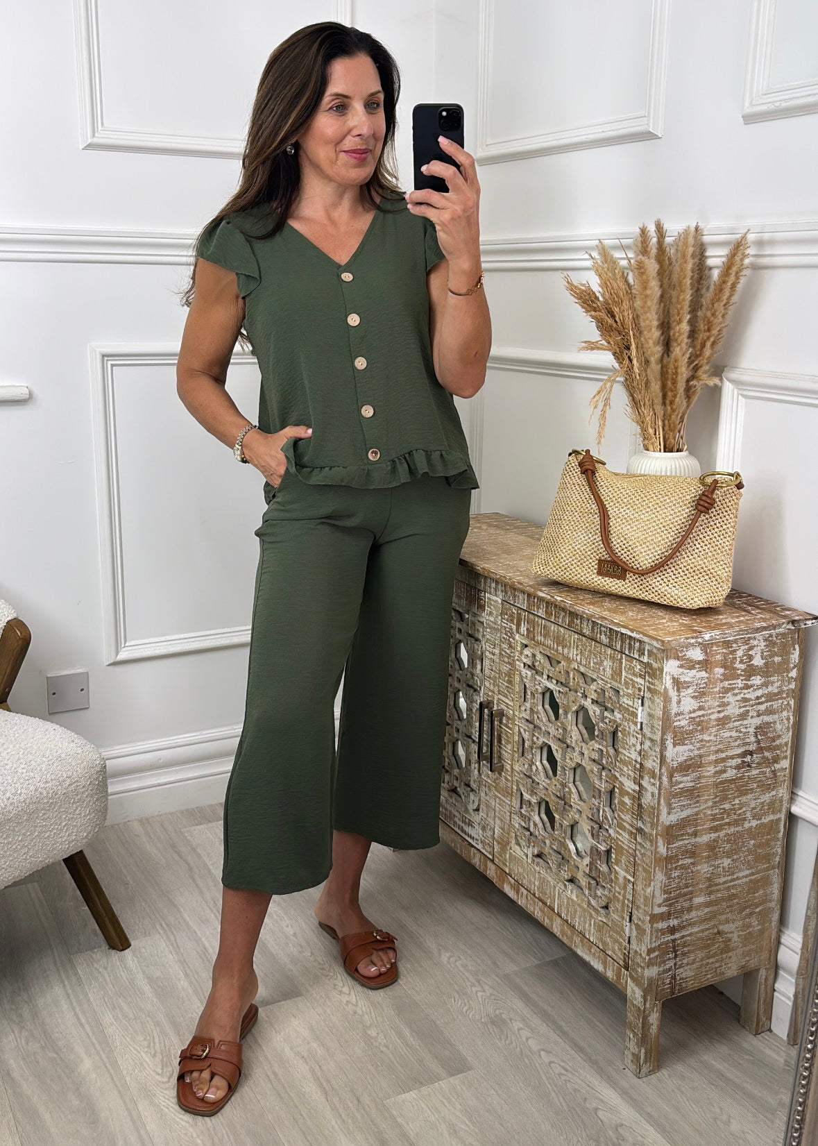 Madeline Khaki Frill Hem Set