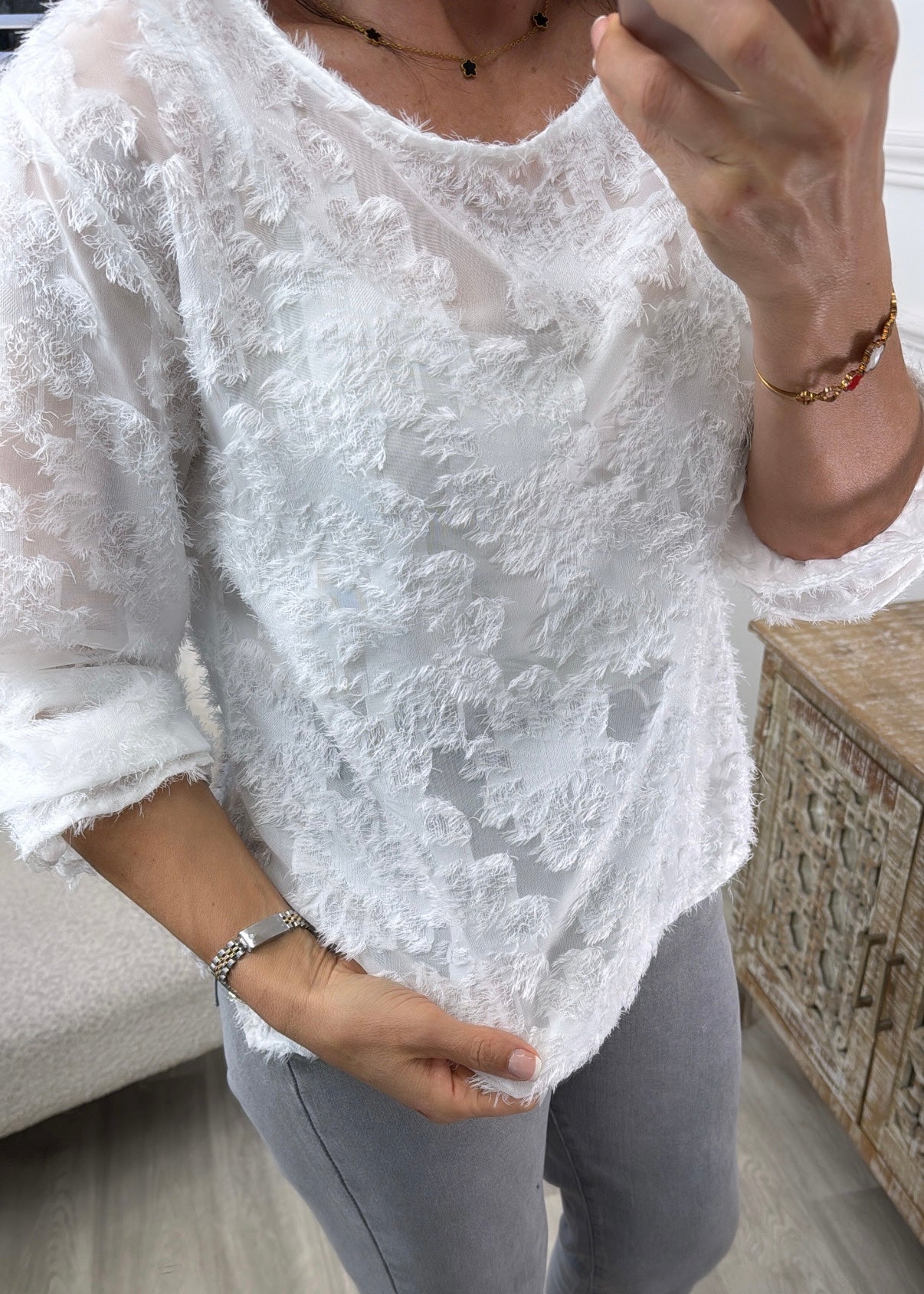 Stef White Floral Eyelash Texture Top