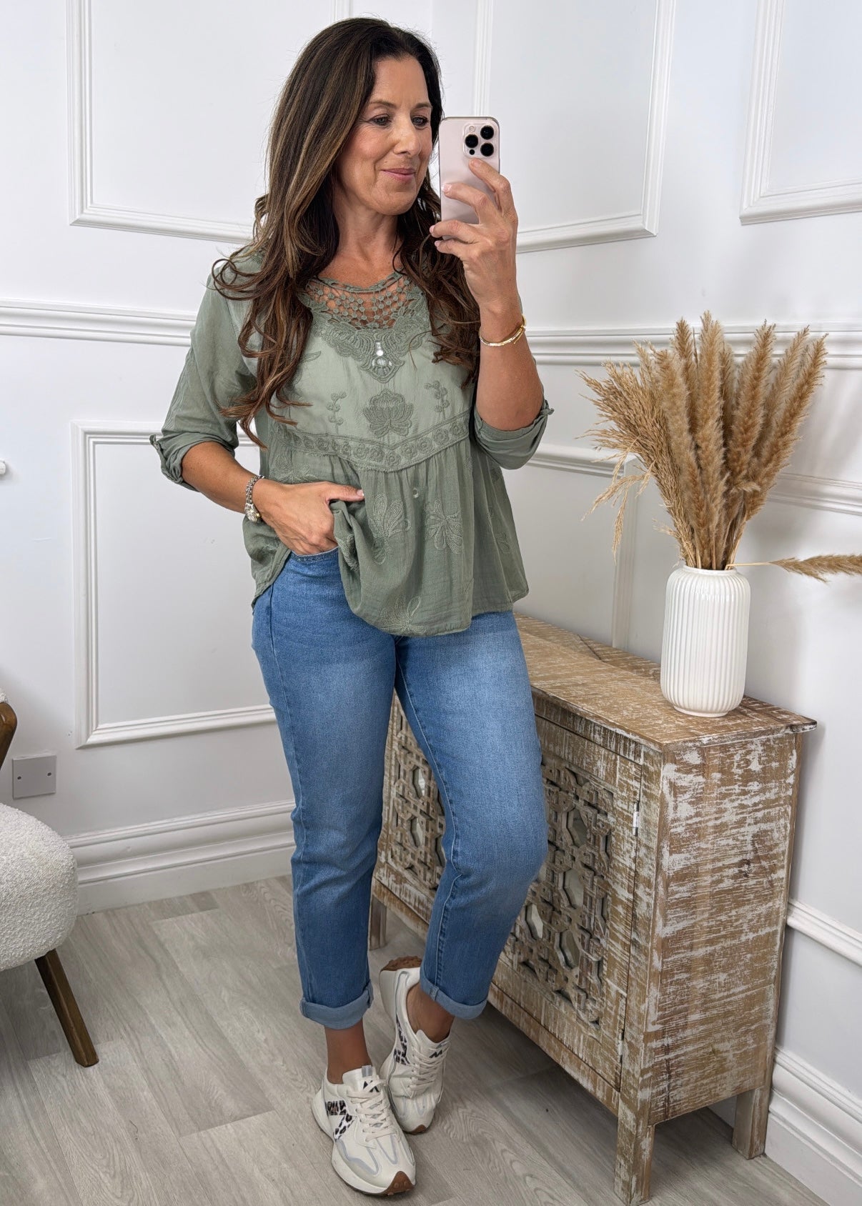 Rosalee Khaki Broderie Top
