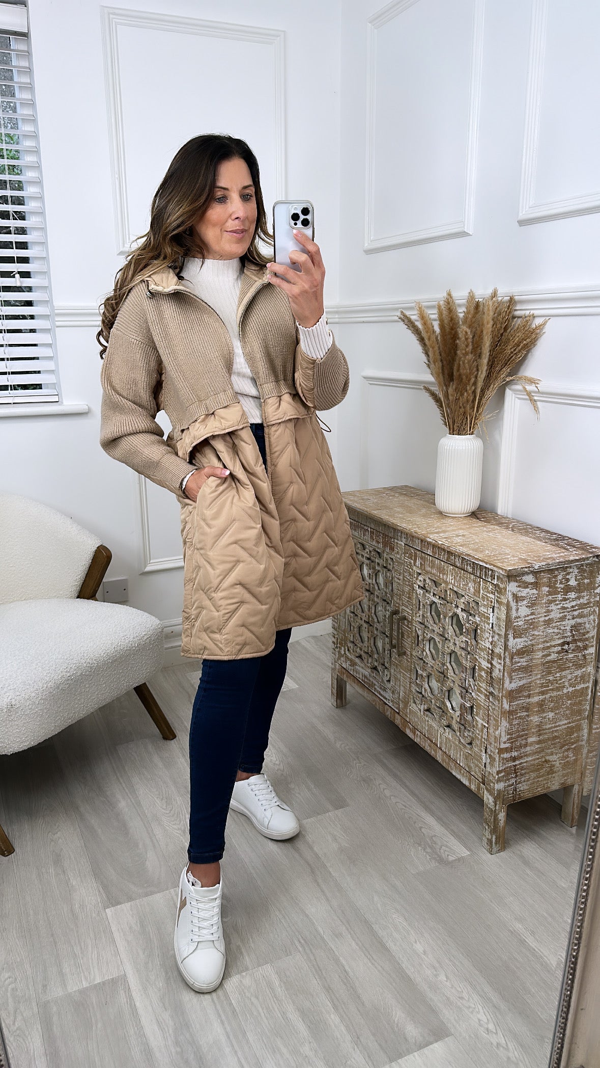 Jeanette Beige Quilt Detail Hybrid Coat