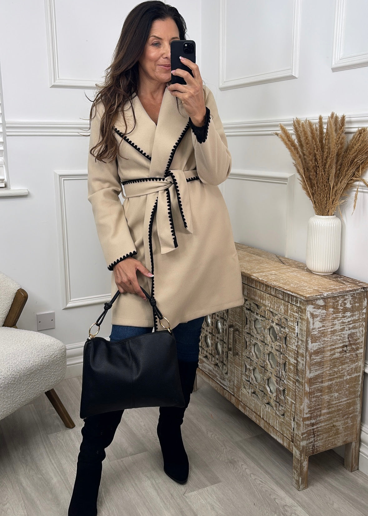 Glasha Cream Crochet Trim Wrap Coat