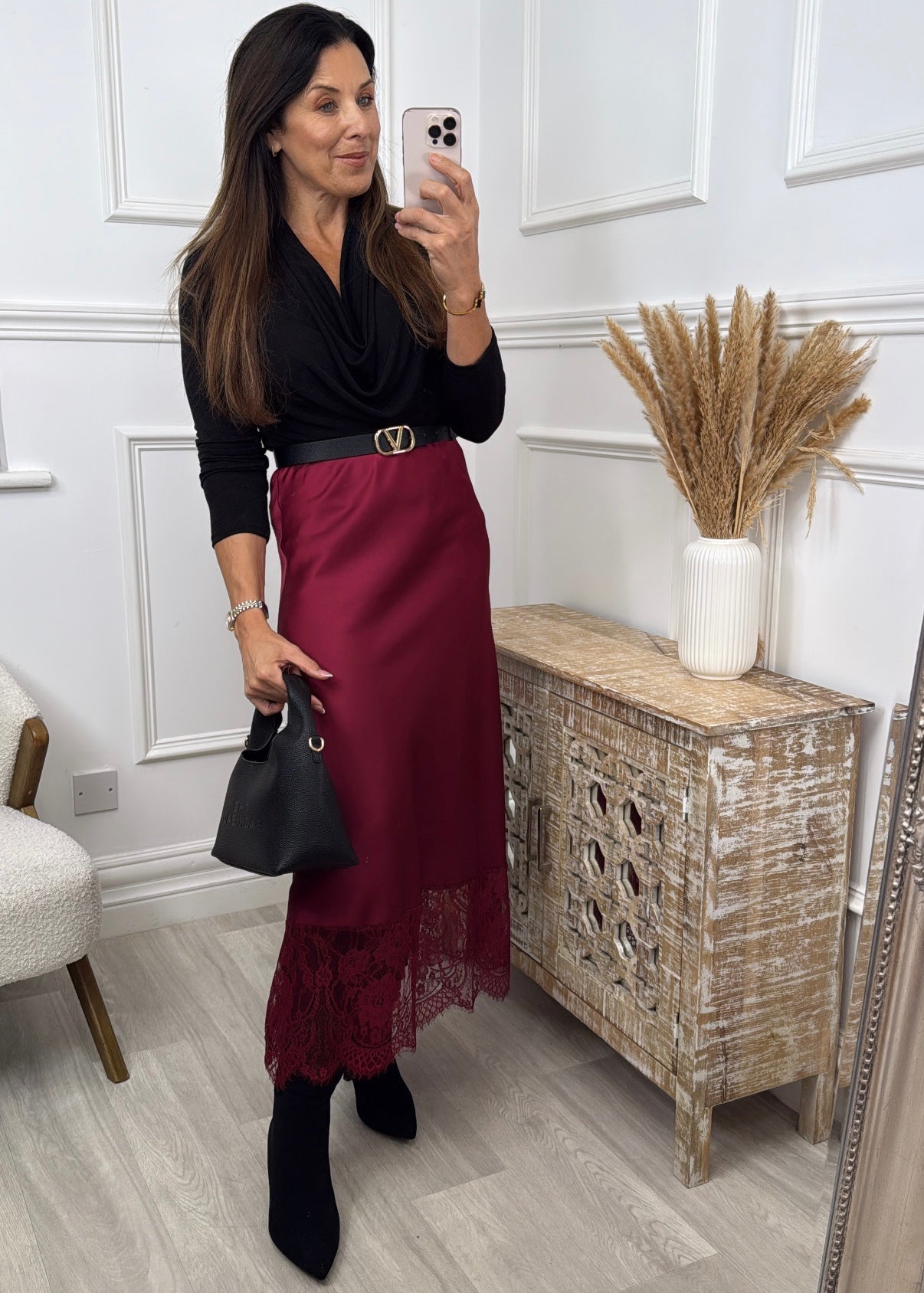 Linsey Wine Lace Trim Satin Skirt