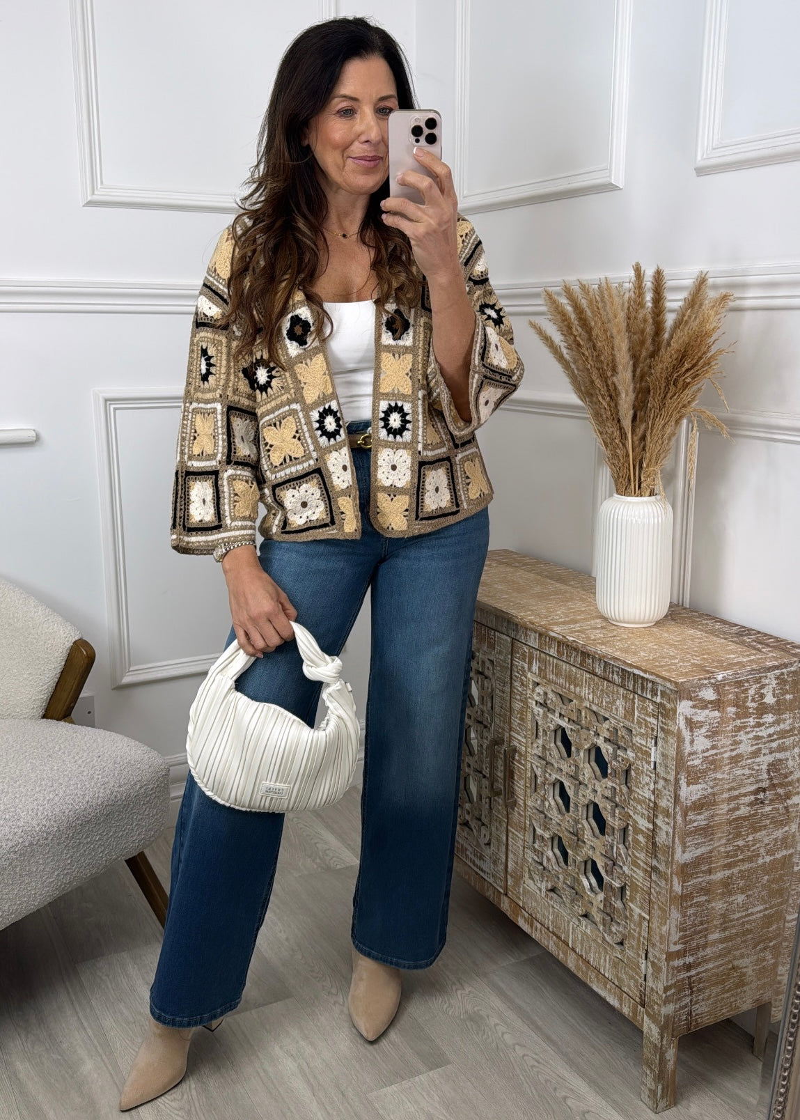 Vera Beige Flower Crochet Knit Cardigan