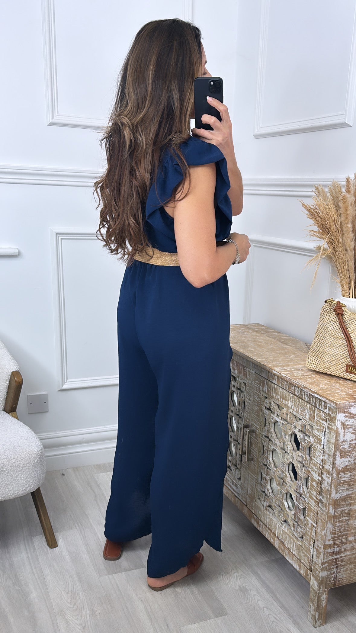 Athena Navy Frill Sleeve Belted Jumpsuit