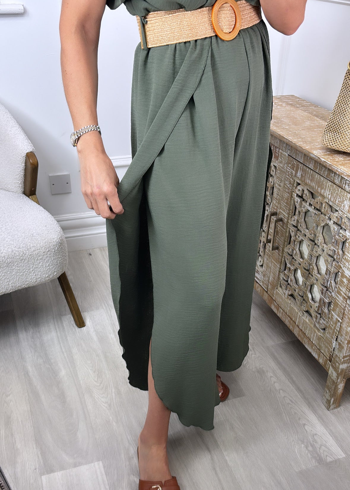 Athena Khaki Frill Sleeve Belted Jumpsuit