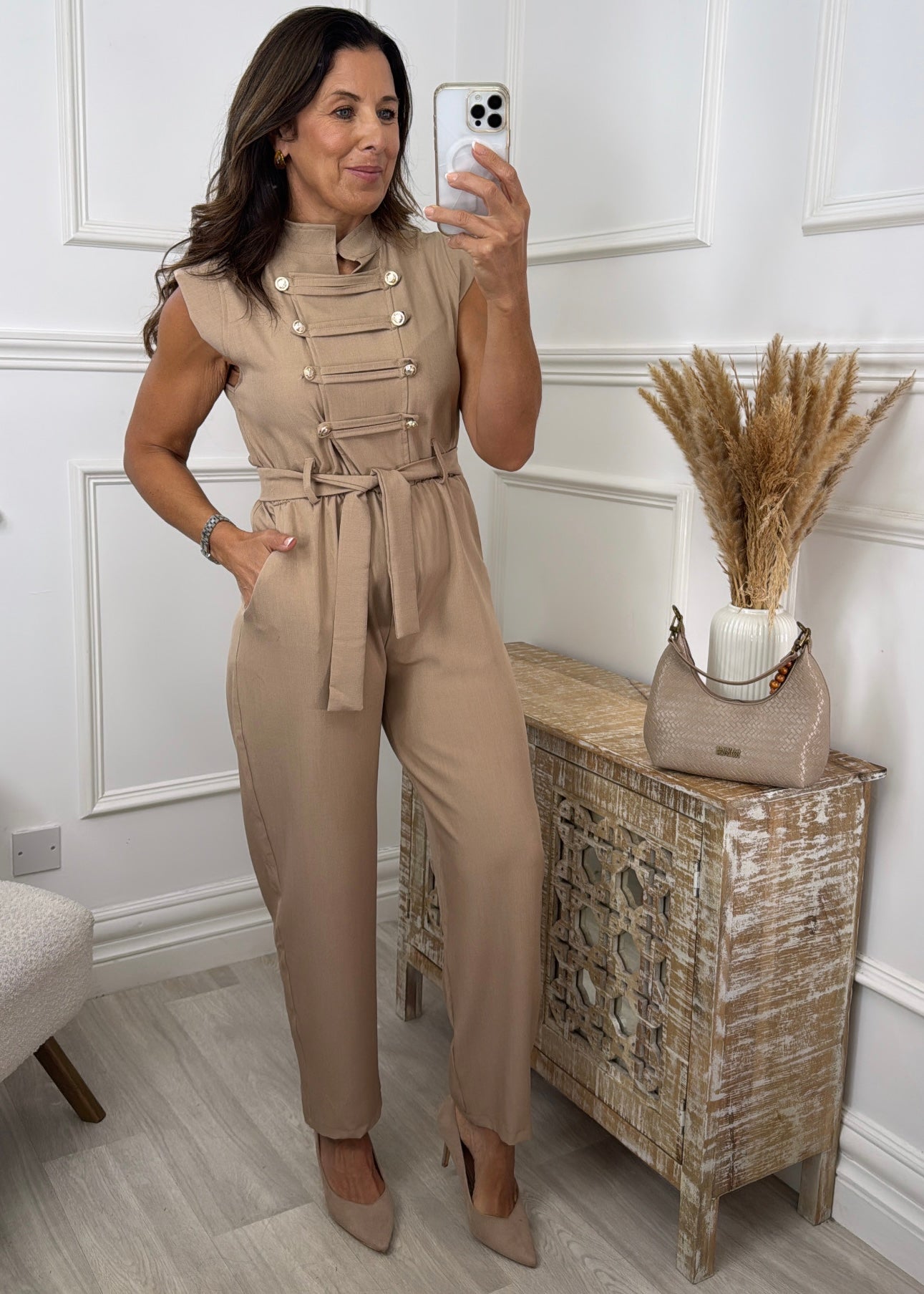 Shauna Camel Gold Button Jumpsuit