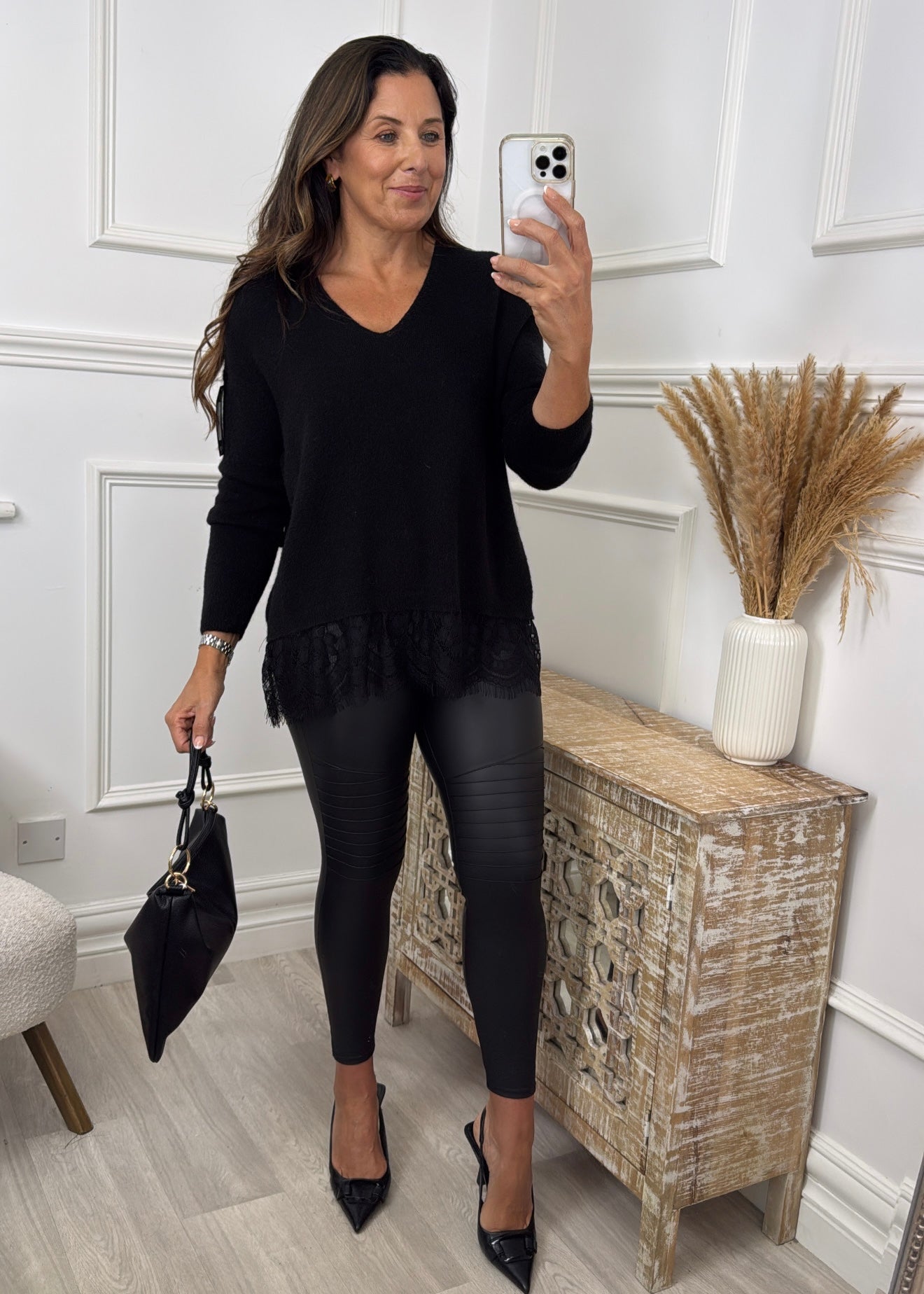 Iris Black V Neck Lace Trim Knit